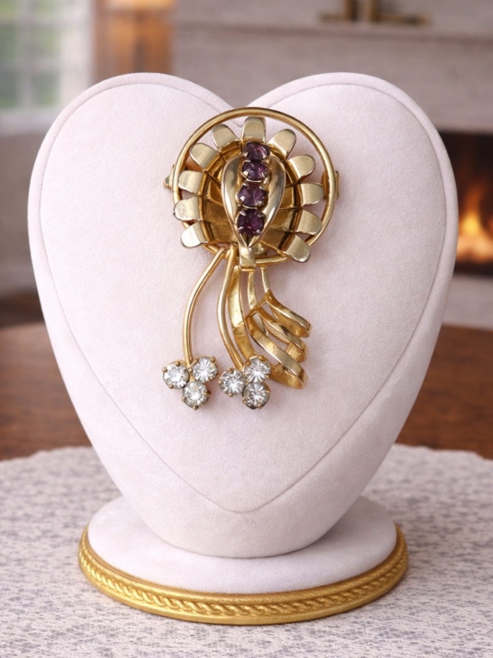 Vintage Dainty Gold-tone Crystal Floral Brooches